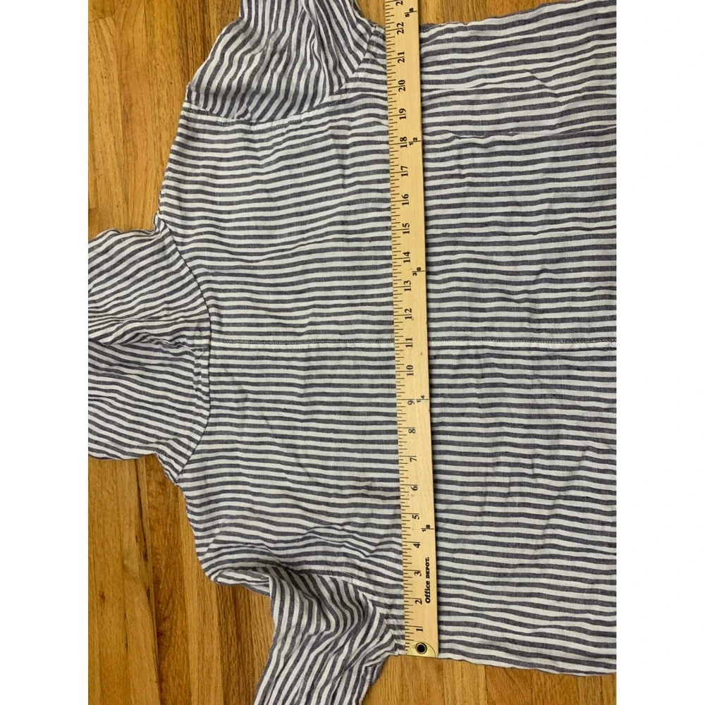 Tahari 100% Linen Striped Hooded Button Down Shirt Jacket Blue White Large